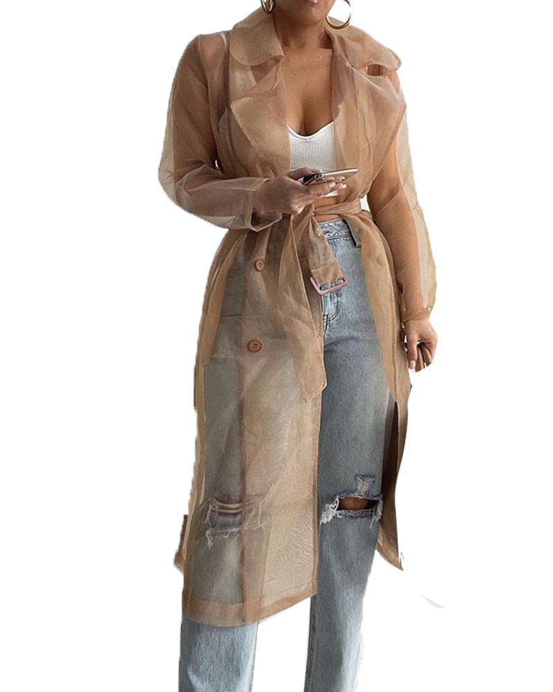 SOMTHRON Women's Sheer Mesh Long Sleeve Jacket Summer See Through Belted Button Down Lightweight Cardigan