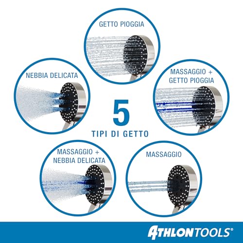 ATHLON TOOLS Słuchawka prysznicowa z wężem - 5 rodzajów strumienia wysokociśnieniowa słuchawka prysznicowa - Ø 105 mm wodoszczędna ręczna słuchawka prysznicowa okrągła (chrom, słuchawka prysznicowa