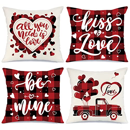 Valentines Day Pillow Covers 18x18 Set of 4, Valentines Day Decor for Home Buffalo Plaid Love Heart Truck Happy Valentine Pillows Decorative Throw Pillows Valentines Day Decorations
