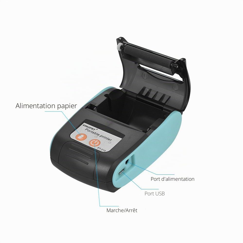 Imprimante de Poche 58mm de reçu de l'imprimante Thermique Portable PT-210 pour la logistique des usines de Restaurants de magasins de détail, 10 Rouleaux de Papier