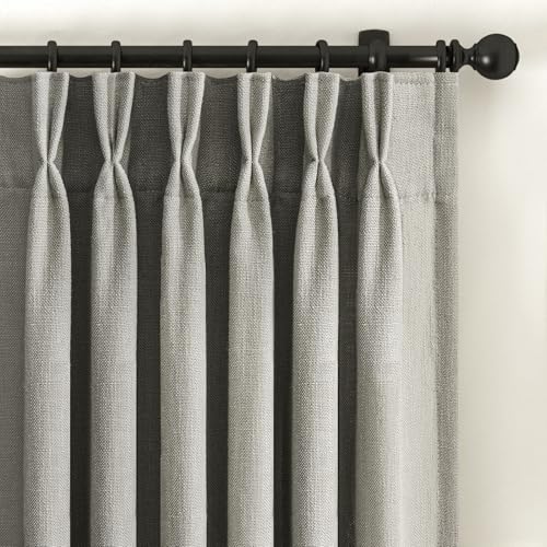 Pinch Pleated Linen Curtains 90 Inches Long for Living Room Bedroom 2 Panels Rustic Grey Thick Linen Textured Pinch Pleat Hooks Rings Back Tab Memory Trained Semi Sheer Drapes 90 Inch Length