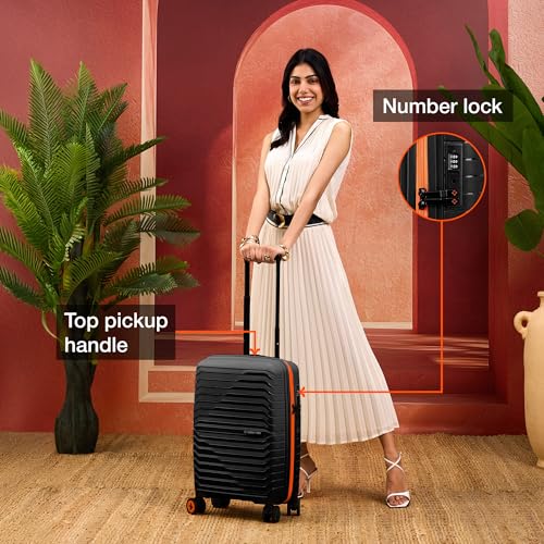 Image of Nasher Miles Cairo Hard-Sided Polypropylene Cabin Luggage 20 inch | 55cm | 8 Wheels Small Trolley Bag for Travel | Suitcase (Black & Orange)