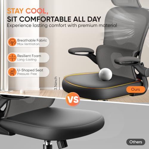 Image of VUSIGN Ergonomic Office Chair, High Back Mesh Desk Chair with Adjustable 3D Headrest & Lumbar Support, Flip-Up Arms, 300lbs Wide Seat Swivel Rolling Computer Gaming Chair, for Home Office - Black