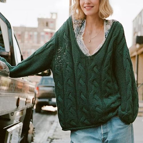 Image of Womens Oversized Off The Shoulder Sweaters Chunky Knit Wide V-Neck Tops Casual Slouchy Pullover Fall Outfits
