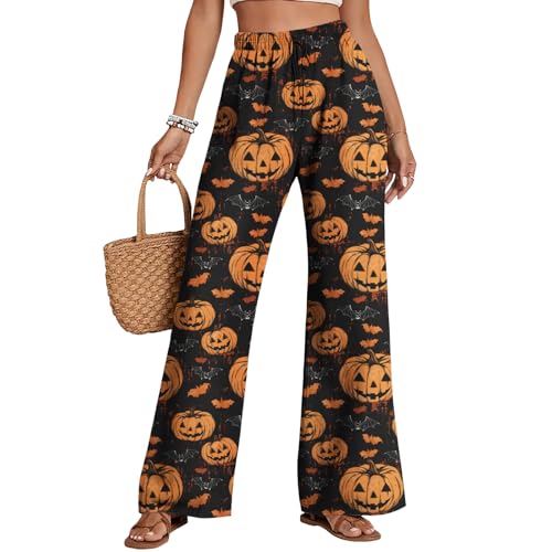Halloween Pants for Women Funny Cute Pumpkin Ghost Print Casual Trousers Fall Holiday Wide Legs Pants Drawstring