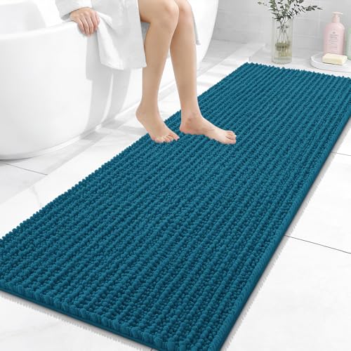 Image of OLANLY Long Bathroom Rugs Runner 59x24, Thick Soft and Absorbent Chenille Bath Mat, Non-Slip, Machine Washable Quick Dry Bath Rugs for Tub Shower Floor, Home Decor Accessories, Peacock Blue