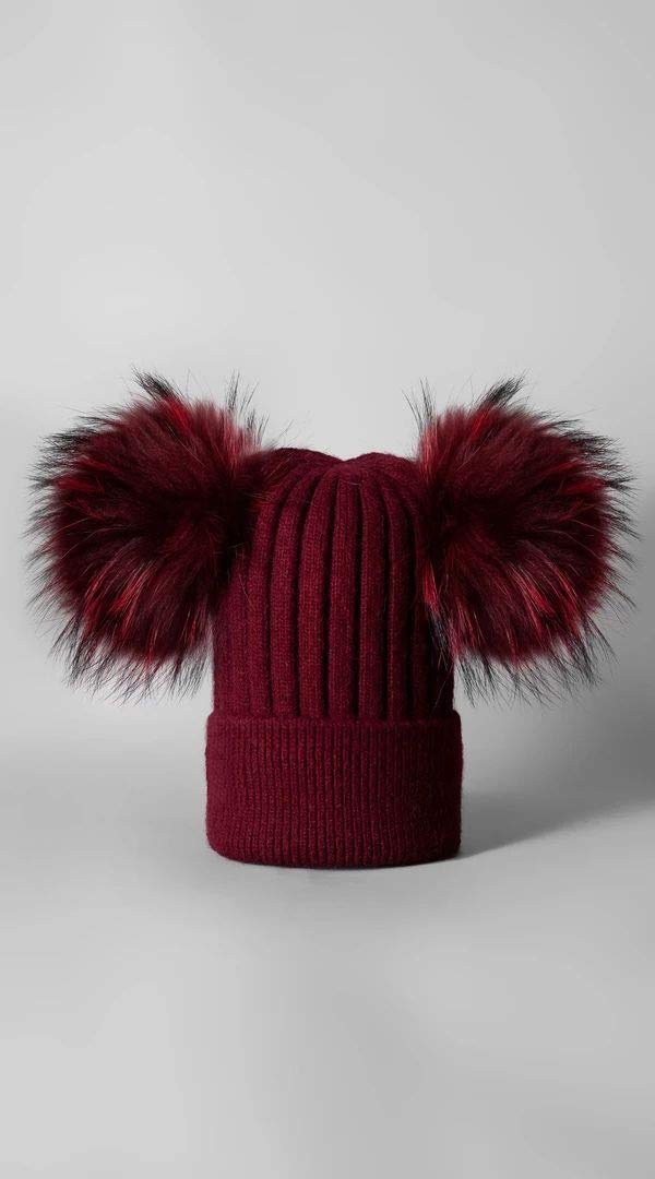 Gorro de cachemira de piel auténtica con doble pompón, para mujer, de invierno, para mujer ROSSO BORDEAUX Talla única