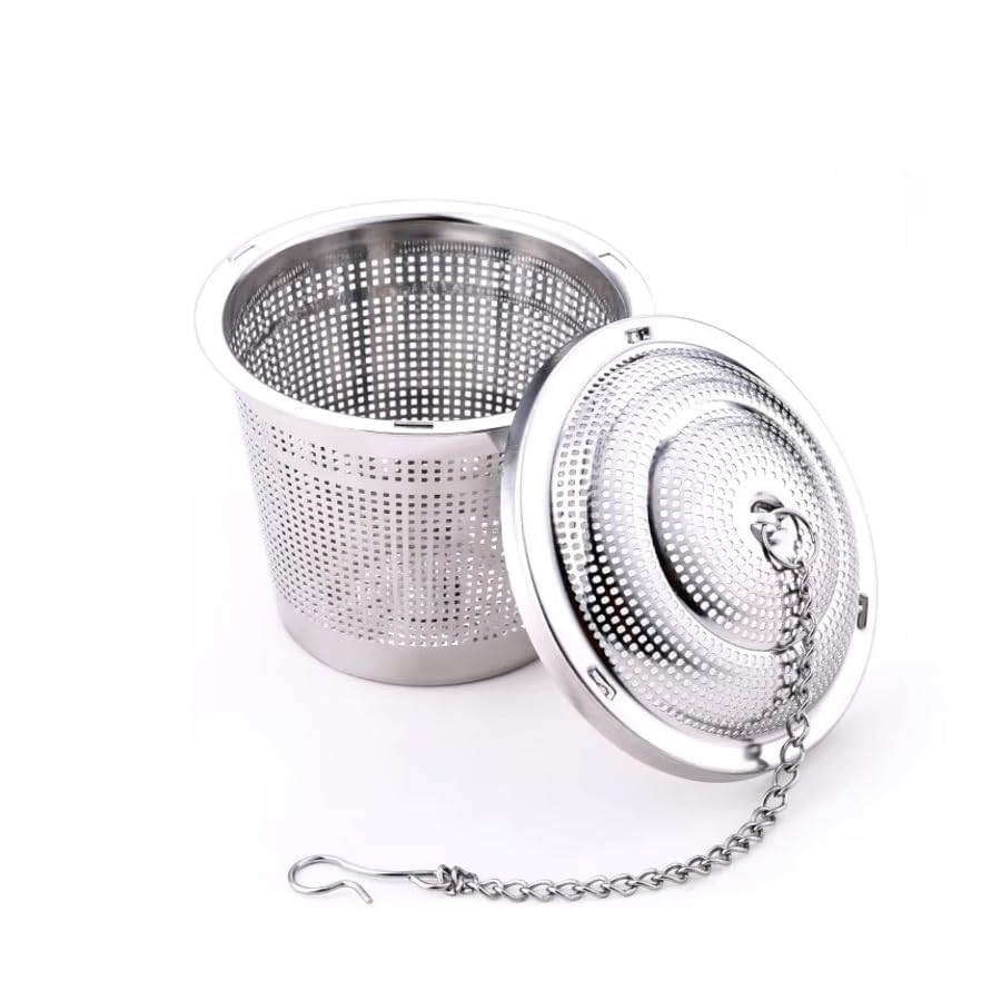 Decorcrafts Stainless Steel Teapot Green Tea Loose Leaf Coffee Fine Mesh Basket Infuser Filter Strainer with Chain Hook, Durable, Rust Resistant, Dishwasher Safe, 1 Pcs (Full Steel Rim)