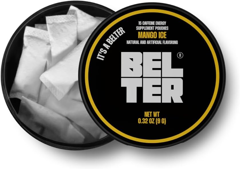 BELTER - Mango Ice - Caffeine Pouches - 15 Count - Fast-Acting - Zero-Calorie Energy Boost - 96mg Caffeine Per Pouch - Ideal for Sports, Gym, Gaming, & Work