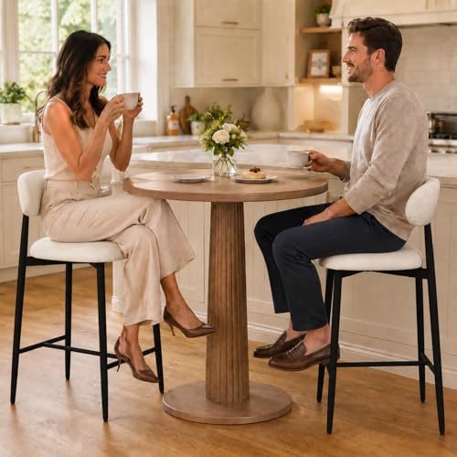 Butacos de Barra para Isla de Cocina, Set de 2 Unidades, Tapizados en Tela Beige con Patas de Metal Negro, Altura de Asiento 26.3 pulgadas, Espalda Curvada y Reposapiés, Capacidad Máxima 300 lb miniatura 6