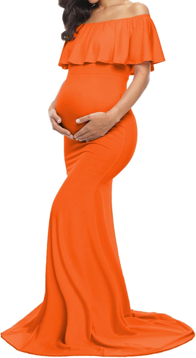 Glampunch Womens Off Shoulder Maternity Dress Ruffles Elegant Slim Gowns Fit Maxi Photography Dress