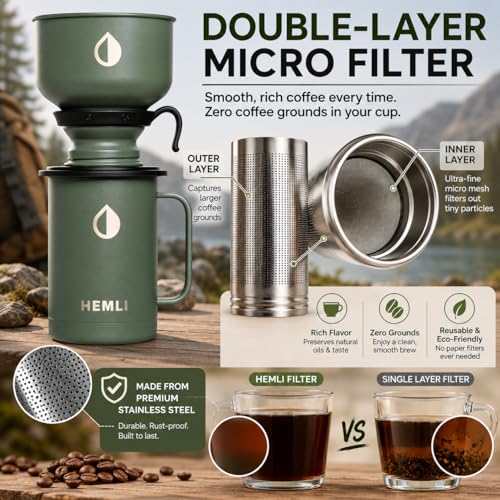 Hemli 16 oz Pour Over Camping Coffee Maker Set, Vacuum Insulated Mug with Leakproof Lid, Stainless Steel Micro Filter, Portable Coffee Maker for Camping by Hemli - Used condition - Image 4