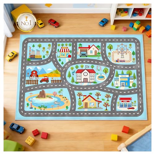 YSYTLCL Kids Rug Car Rugs 31''x47'' Playmat Carpet for Play Toy Cars for Playroom Classroom Kids Room, Non-Slip Road Traffic Floor Rug Mats, Washable Children's Town Road Play Rug.