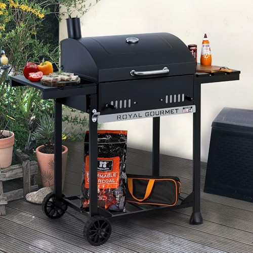 Royal Gourmet Holzkohlegrill Grillwagen mit klappbaren Seitenablagen, Smoker Standgrill mit Decekl, Thermometer, Kohlegrill Schwarz