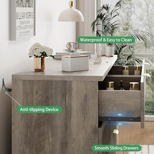 Image of Fluted Dresser for Bedroom with 8 Drawers, 48 inch Wide Modern Chest of Drawers with Metal Handle, Wooden Dresser TV Stand, Wood Closet Clothes Storage Drawer Organizer for Living Room, Hallway, Grey