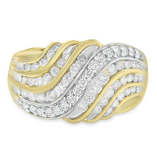 10K Two-Tone Yellow & White Gold Diamond Diamond Multi-Channel Wave Wide Domed Band Cocktail Fashion Ring (I-J Color, I1-I2 Clarity)