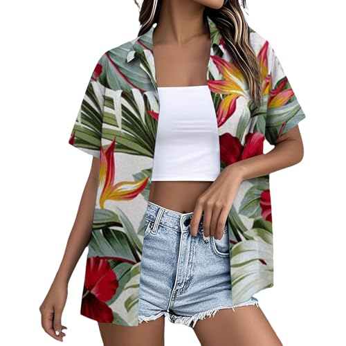 Camisa hawaiana para mujer, rosa, blusa de manga corta, elegante, estampado floral, camisa hawaiana, con cuello en V, cuello en V, camiseta vintage para el tiempo libre, hawaiano, vacaciones, playa