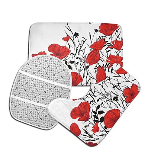 DIRYKILP Badematte + Konturmatte + Toilettendeckelbezug, rote Mohnblume 3-teiliges Badematten-Set, mit rutschfester Unterseite – Bild 5