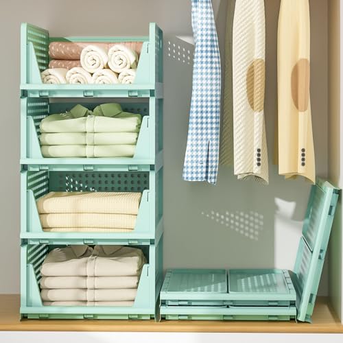 Closet Organizer, 4 Pack Stackable Storage Bins for Closet Shelves, Plastic Storage Drawers Basket Weekly Clothes Organizer for Kids(4L)?Green?