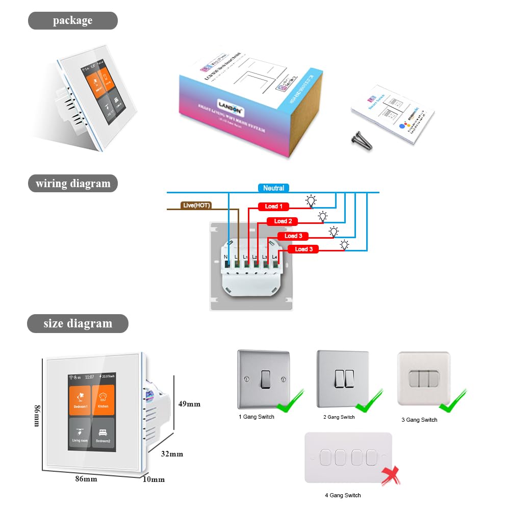 LANBON Interruptor de luz inteligente L8-HS4 de 4 velocidades con aplicación Smart Life/Homekit/Smart Living compatible con Alexa y Google Home, cable neutro requerido, no requiere hub