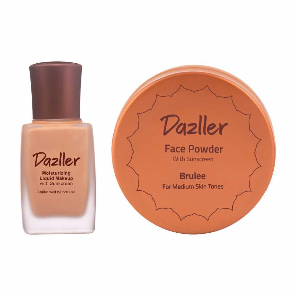 Dazller Face Combi Pack (Brulee) : Moisturizing Liquid Makeup (Tinted Finish), 27mL + Face Powder (Soft Finish), 30g, Lightweight, with Added Sunscreen, Skin-Friendly Ingredients, Paraben-Free, 100% Vegan, Perfect Everyday Wear