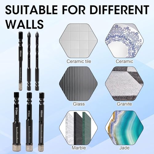 6 Pcs Porcelain Tile Drill Bits Dry Diamond Tipped Drill Bit Set 6 8 10 12MM and 6MM Hex Shank Drill Bit for Granite Ceramic Marble Stone Tile Stone Glass Hard Materials Convenient Drilling 5 6 Pcs Porcelain Tile Drill Bits Dry Diamond Tipped Drill Bit Set 6 8 10 12MM and 6MM Hex Shank Drill Bit for Granite Ceramic Marble Stone Tile Stone Glass Hard Materials Convenient Drilling - Image 5