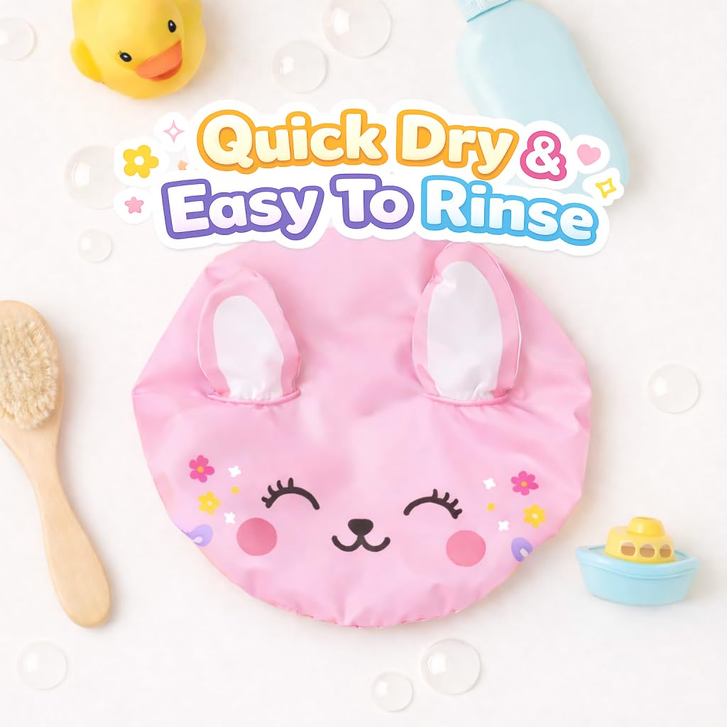 Kids Shower Cap for Kids & Toddlers, Cute Pink Bunny Shower Cap with Ears, Waterproof Reusable Hair Hat for Shower, Bath Time & Hair Washing