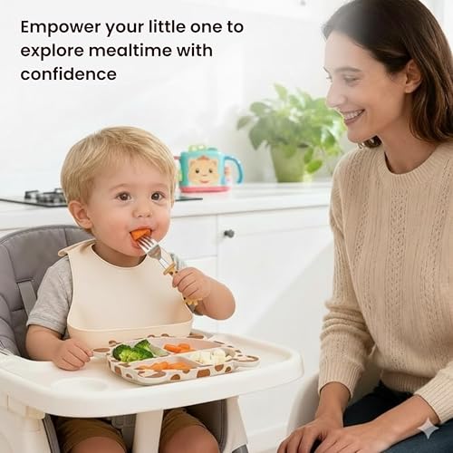 Image of Baby Spoon and Fork Set, Yellow Silicone Toddler Cutlery Set with Giraffe Grip, 2 Pc, Self Feeding Utensils for Baby Meals School and Travel, Mealtime Essential