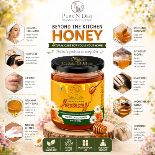 Image of PURE N DESI Multifloral Honey 500g | Raw Unfiltered Honey Glass Jar | Raw Multifloral Honey collected from diverse blossoms for a naturally rich floral taste.