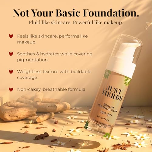 Image of Just Herbs Serum Foundation SPF 30+ | Buildable Coverage & Natural Finish | No Parabens, No Mineral Oil | For Indian Skin Tones | Lightweight & Hydrating | 30 ML (TOFFE)