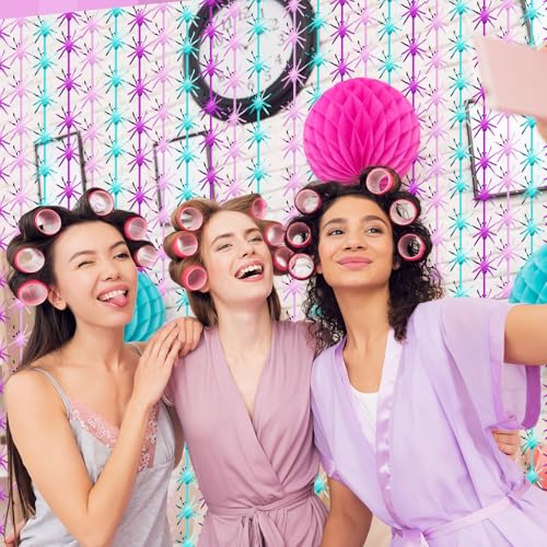 Image of Yuntau 2 Packs Spider Birthday Decoration Pink Purple and Blue Spider Birthday Party Supplies 3.3 x 6.6 ft Tinsel Foil Fringe Curtains Props Backdrop Streamers Halloween Party Supplies