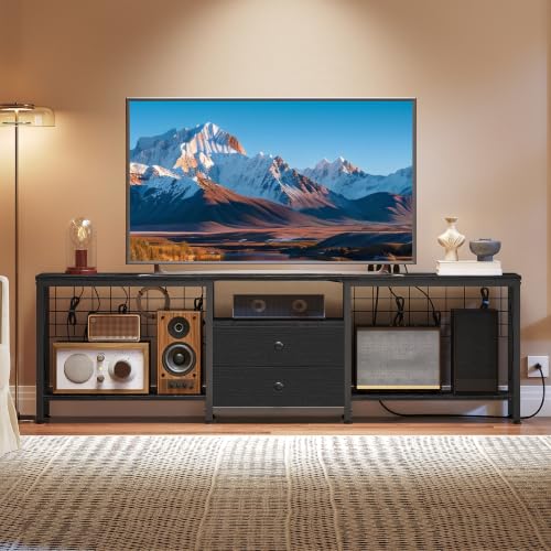 Image of YATINEY TV Stand with Power Outlet Up to 75 Inch, Entertainment Center with 2 Fabric Drawers, TV Console Table with Open Storage Shelves for TVs, Cable Management, for Living Room, Bedroom, DS18UBBY1