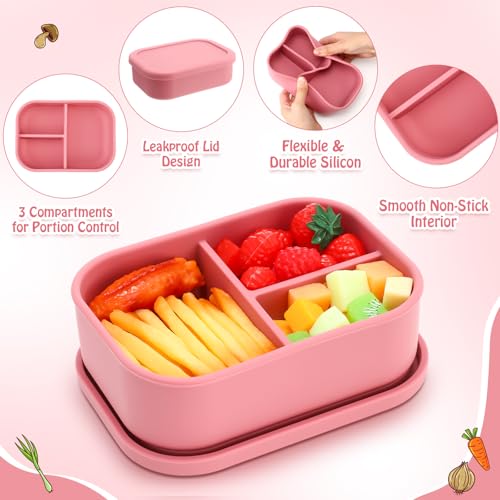 Image of Honeydak 4 Pcs Silicone Bento Box, 3 Compartment Lunch Food Container for Women Men, Leak Proof Microwave Easy to Clean Dishwasher Freezer Safe (Red)