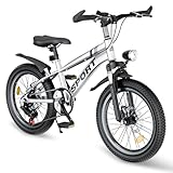 MCFANSHOU 20 inch Kids Mountain Bike with 7-Speed Gears, Front Suspension,Dual Disc Brakes,LED Headligh,Boys Mountain Bike for Ages 7-12 (Silvery 20')