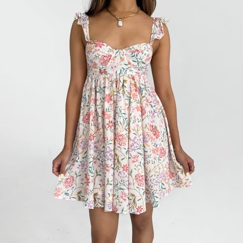 Image of Women Y2k Tie Shoulder Mini Dress Sleeveless Flowy Babydoll Dress Boho Floral Aline Short Sundress