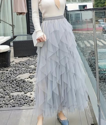 ChicVibes Womens Fairy Tulle Skirts High Elastic Waist Ruffle Mesh Midi Skirt Layered Flowy Skirt for Women2