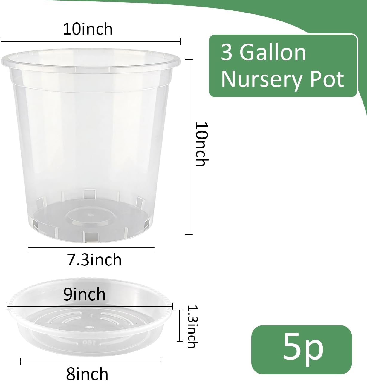BTPLASTIK 3 Gallon Clear Nursery Pots with Saucers 5P, 10 Inch Round Plastic Plant Pots with Drainage Holes
