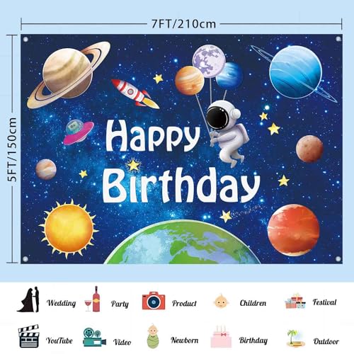 LDWLYW 7x5ft Space Astronaut Happy Birthday Banner Backdrop Outer Space Planets Birthday Party Decorations Supplies for Boys Solar System Galaxy Rocket Theme Photography Background by LDWLYW - Image 3