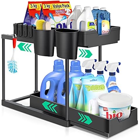 VTVTKK Doppelter Schiebeschrank-Organizer, Schublade unter dem Waschbecken, Organizer und Aufbewahrung, 2 Etagen unter dem Waschbecken, Badezimmer-Schrank-Organizer für Küche, Badezimmerschrank Cover