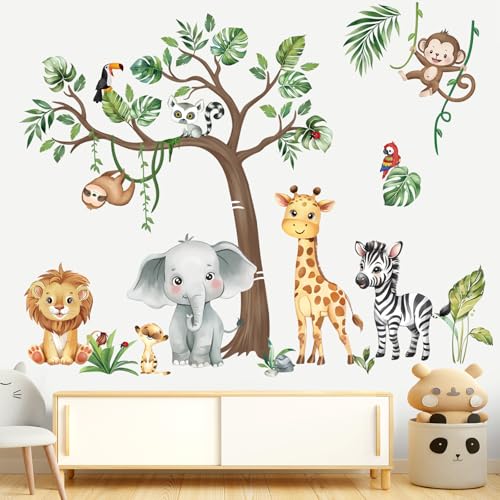 decalmile Jungle Animals Tree Wall Decals Safari Lion Elephant Monkey