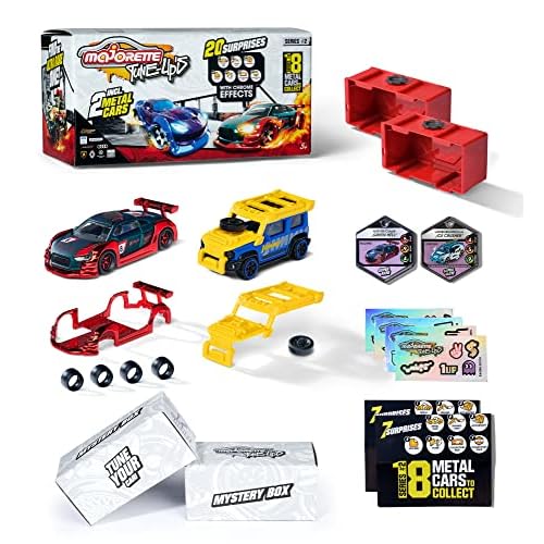 Majorette – Tune Ups Series 2, 2er Set mit 20 Überraschungen, Spielzeugautos aus Metall zum Tunen, 2 von 18 Autos zum Sammeln im Überraschungspack, inkl. Tuning-Zubehör, Sammelboxen und Stickern