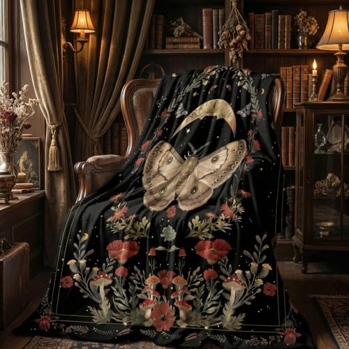 Horaldaily Butterflies Moon Blanket Throw Black Gothic Vintage Style Soft Fuzzy Plush Faux Fur Cozy Blankets for Couch Sofa Bed Lounging Ideal Gifts for Kids Adults Wife Self 50x60