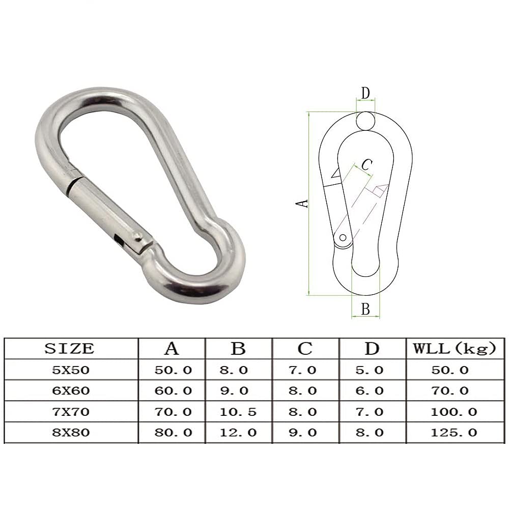 Gancho de mosquetón de Bloqueo de eslabón Ovalado Compatible, Paquete de 10 Ganchos de presión de Acero Inoxidable, 50 mm, 60 mm, 70 mm, 80 mm