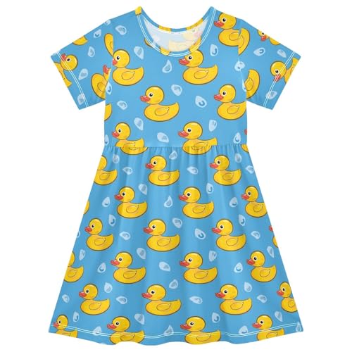 Yellow Duck on Blue Background Girls Short Sleeve Dress Casual A Line Twirly Skater Dresses