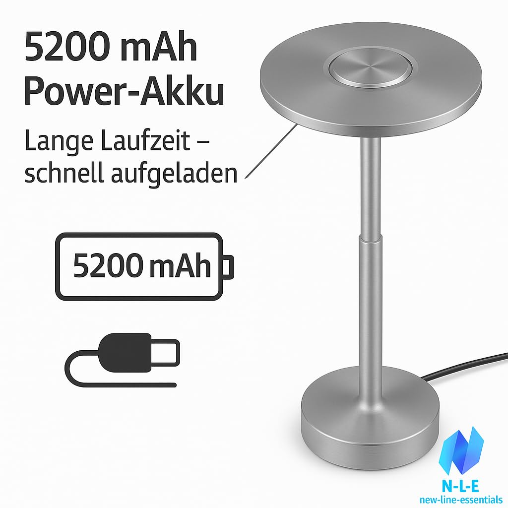 N-L-E Dimmbare LED Tischlampe kabellos mit 5200mAh Akku - 3 Lichtfarben (gold, 2 Stück)