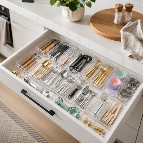 Image of TASMAX Dressing Table Organizer Drawer Divider Organizer Stationary Organizers Box 7Pcs Organisers Storage Box Cosmetics Organiser Tray Acrylic Drawer Organizer - Transparent (Organizer Tray 21 PCS)