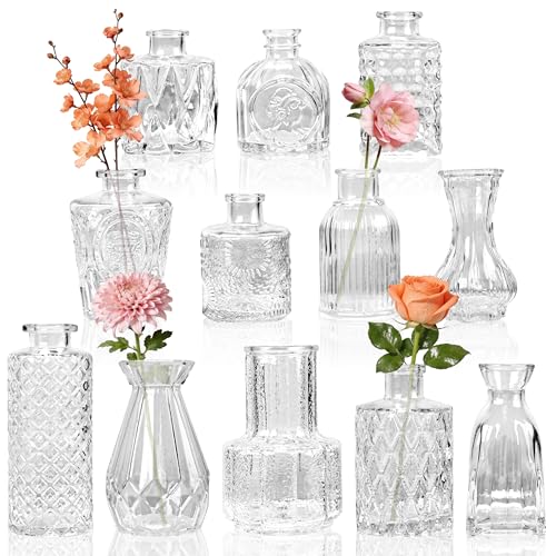 Der Rose Blumenvase Set 12 Stück kleine Vasen für Tischdeko mit elegantem Ätzmuster ideal für Hochzeitsdeko und Party Deko