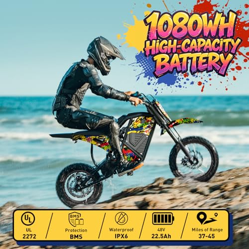 Image of Windone RM7 Electric Dirt Bike for Teens & Adults, 48V 22.5Ah, 37MPH & 45-Mile Electric Motorcycle, 2200W Ebike, 14 inch /12 inch Off-Road Tire E-Bike, Dual Hydraulic Brakes, Full Suspension, Fit Age 13+