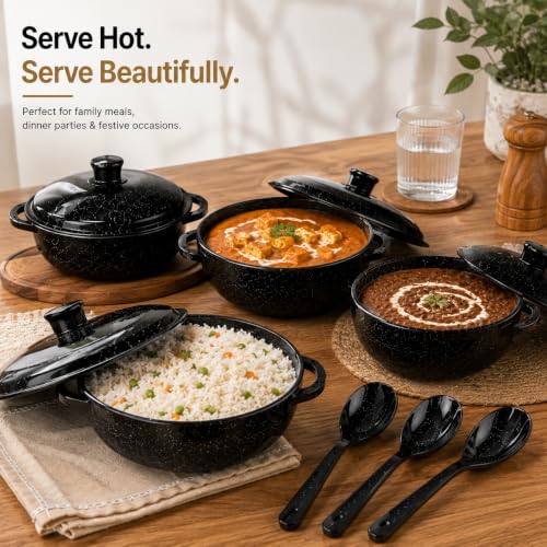 Image of Melvio By Malti Black Granite 40 Piece Dinner Set | Melamine Dinnerware Set, Premium Dinner Set Crockery Plates Bowls Tableware for Home Dining Kitchen