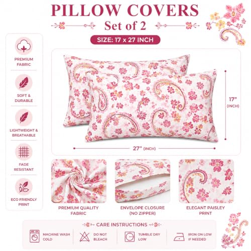 Image of Microfiber Pillow Cover 17x27 Inch (Pack of 2) | Soft & Durable | Ideal for Bed & Sofa Paisley Pink